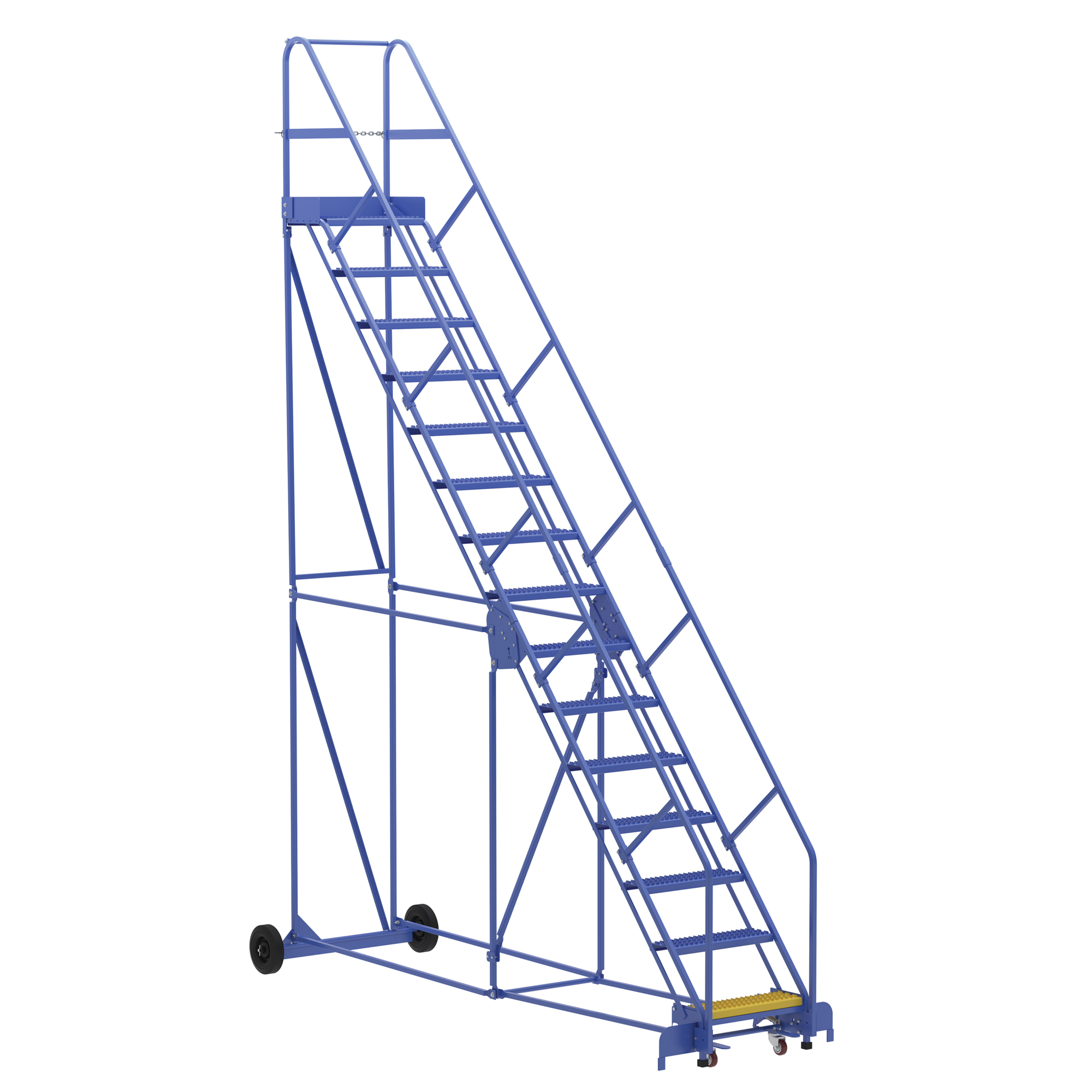 Vestil Steel Rolling Warehouse Ladder — 15 Steps, 50 Degree, 23-9/16in. Step Width, 350-Lb. Capacity, Blue, Model# LAD-15-14-G-EZ